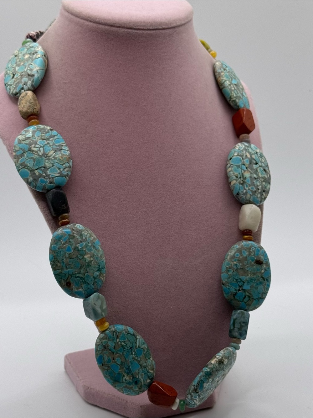 Large Turquoise inlay Mosaic Oval Bead Necklace